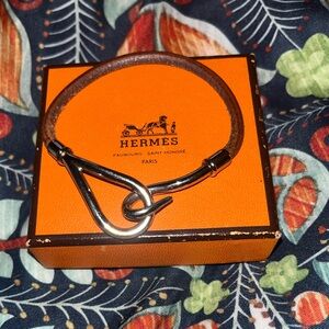 Hermes Silver Toned and Brown Leather Hook & Loop Bracelet